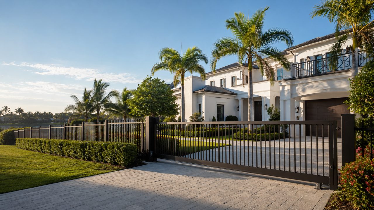 Powder-coated aluminum driveway gate and picket fence at a home in Jupiter, Florida