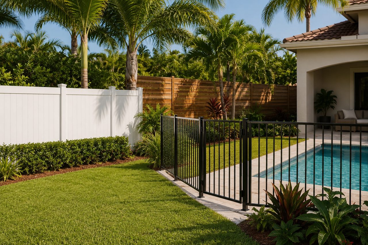 Backyard showing white vinyl privacy fence, horizontal wood fence, and black aluminum pool fence together