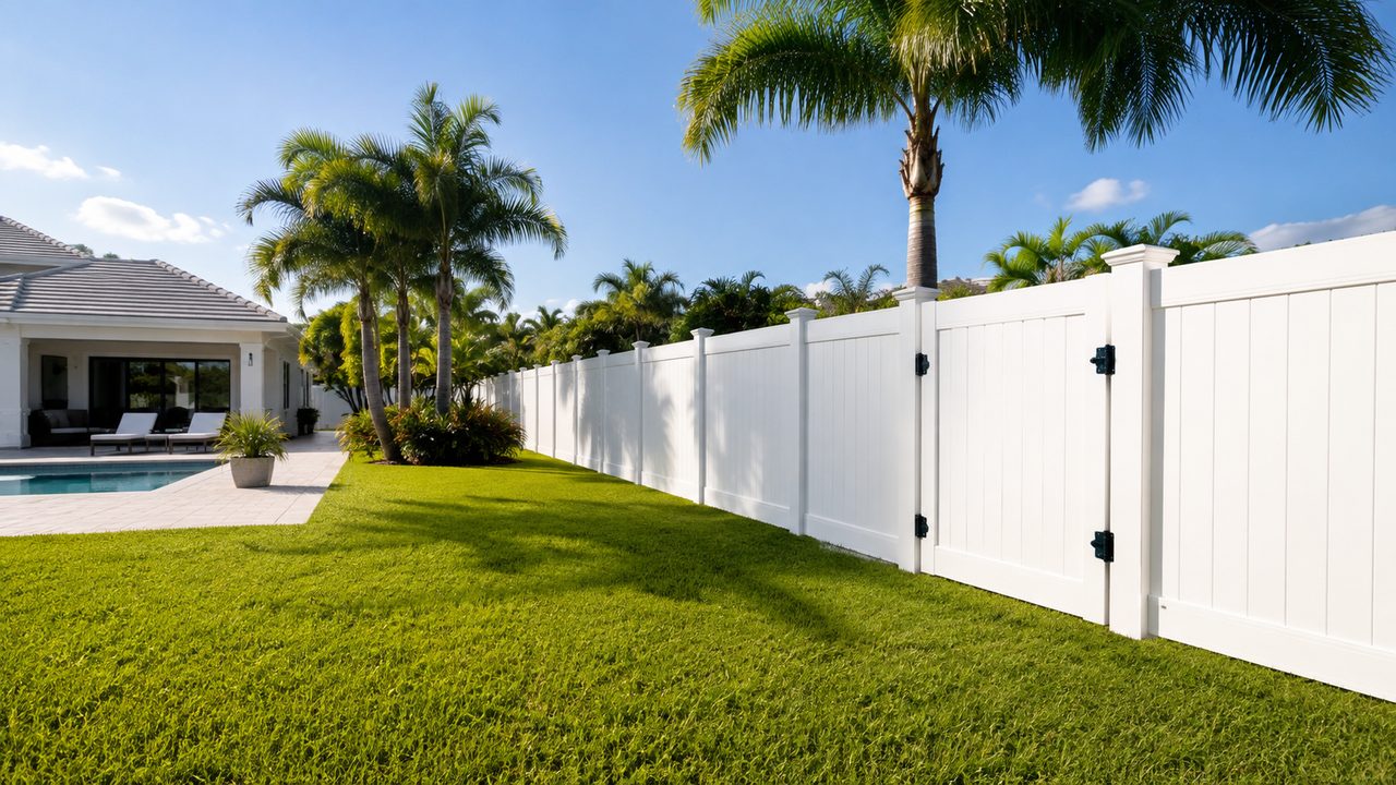White vinyl privacy fence running along a landscaped backyard with palm trees