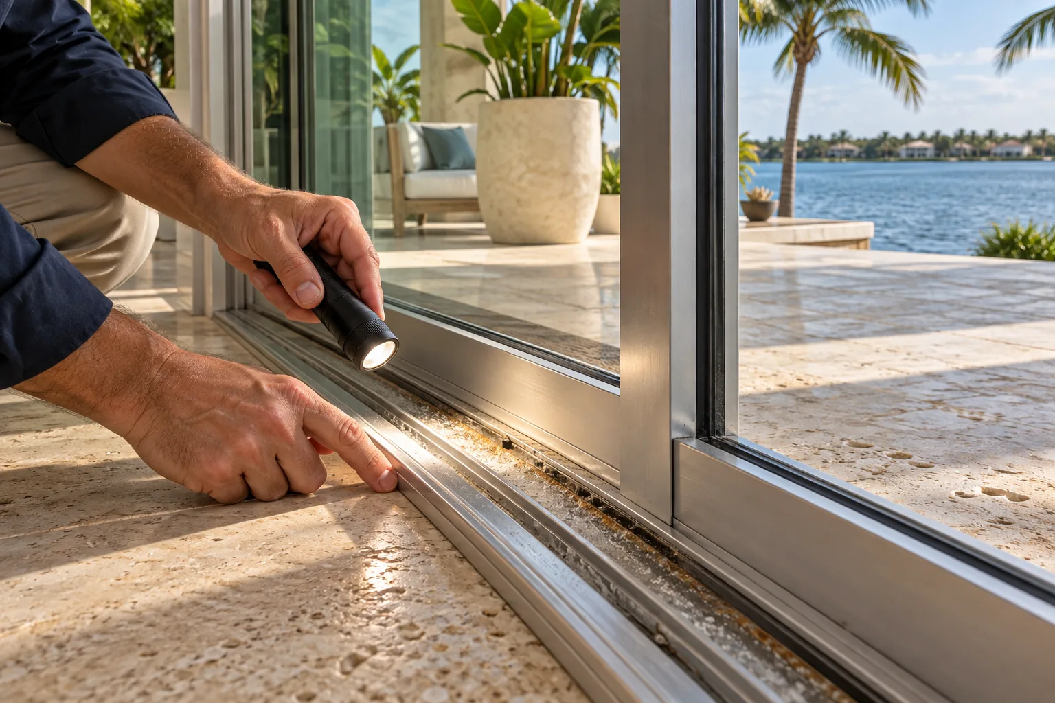 Illustration of hands inspecting corrosion on a waterfront sliding-door track.