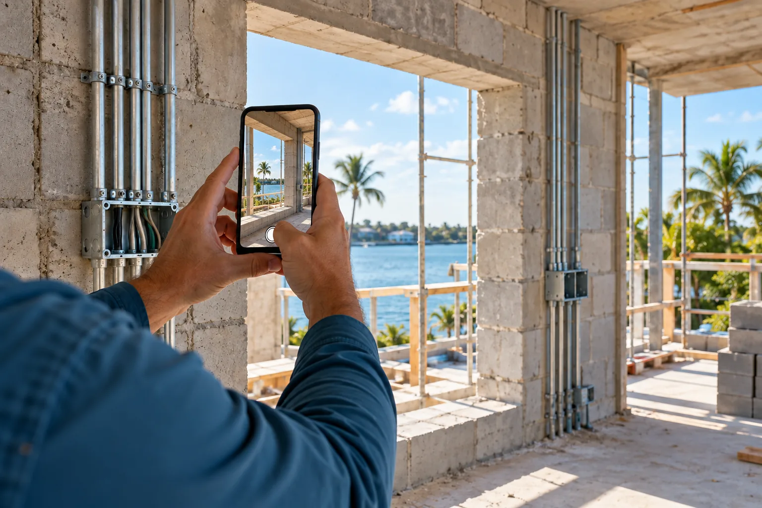Illustration of a coordinator photographing unfinished masonry with a phone.