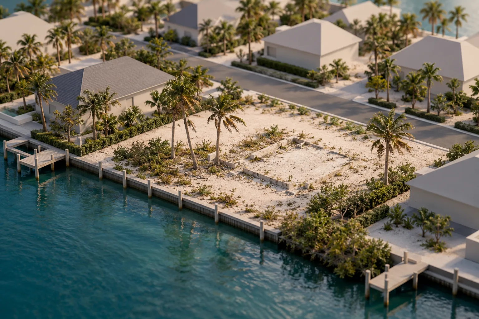 Conceptual scale model of a vacant coastal parcel with foundation remnants.