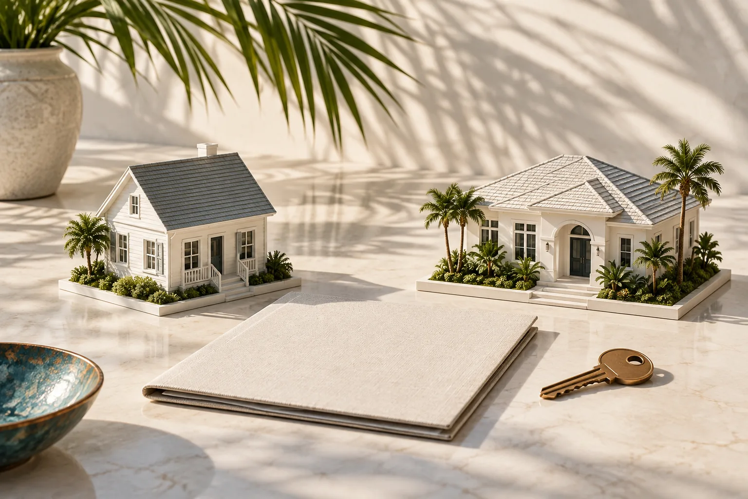 Two house models, a key and a folder illustrating a transition between homes.