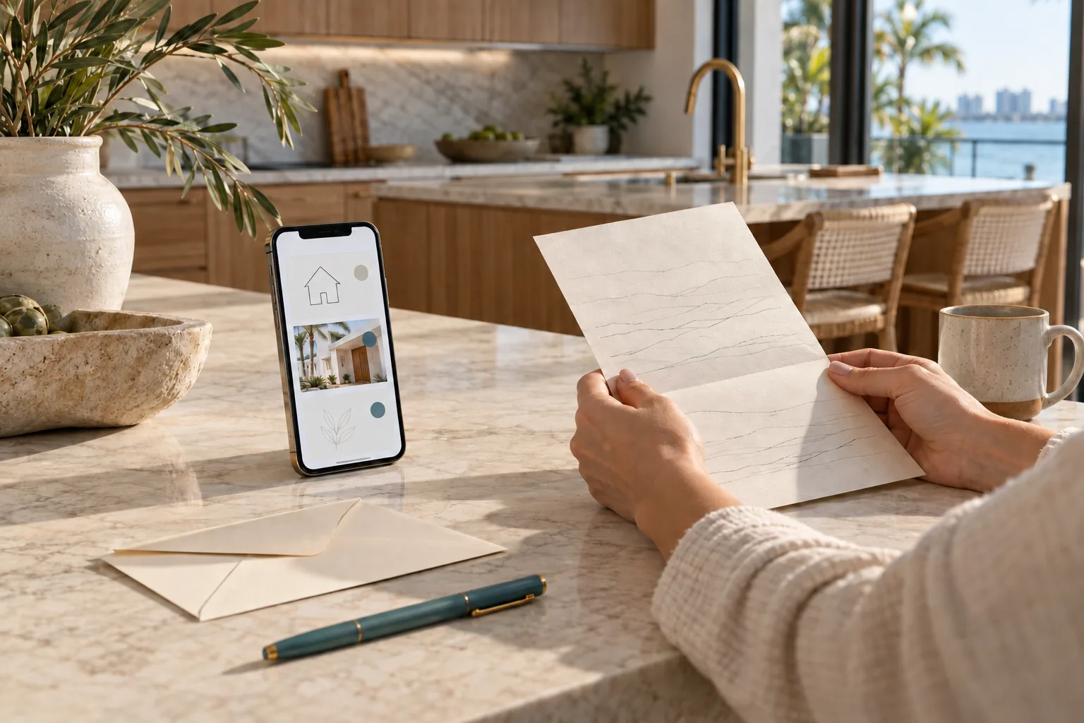 Illustration of a homeowner reviewing a letter beside a conceptual compliance interface.