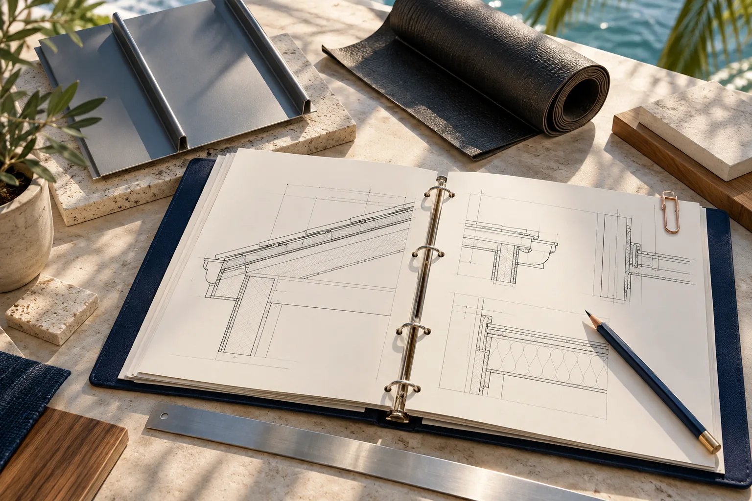 Illustration of roof material samples beside unlabeled architectural review drawings.