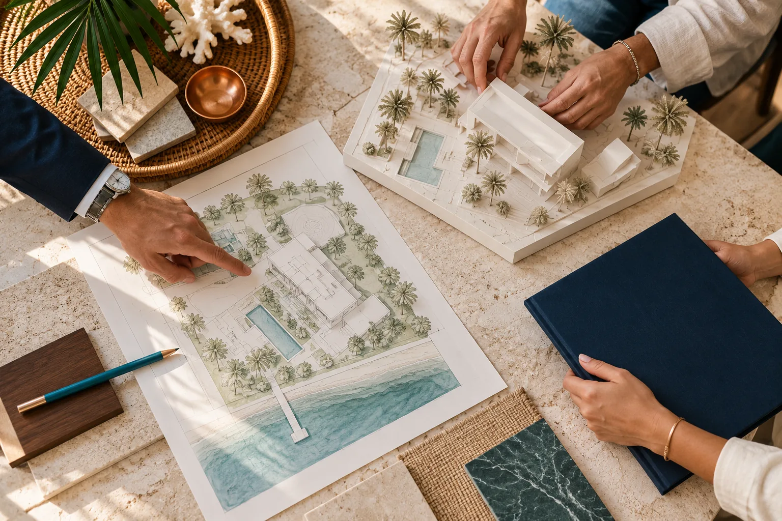 Illustration of collaborators reviewing a property model, site sketch and folder.