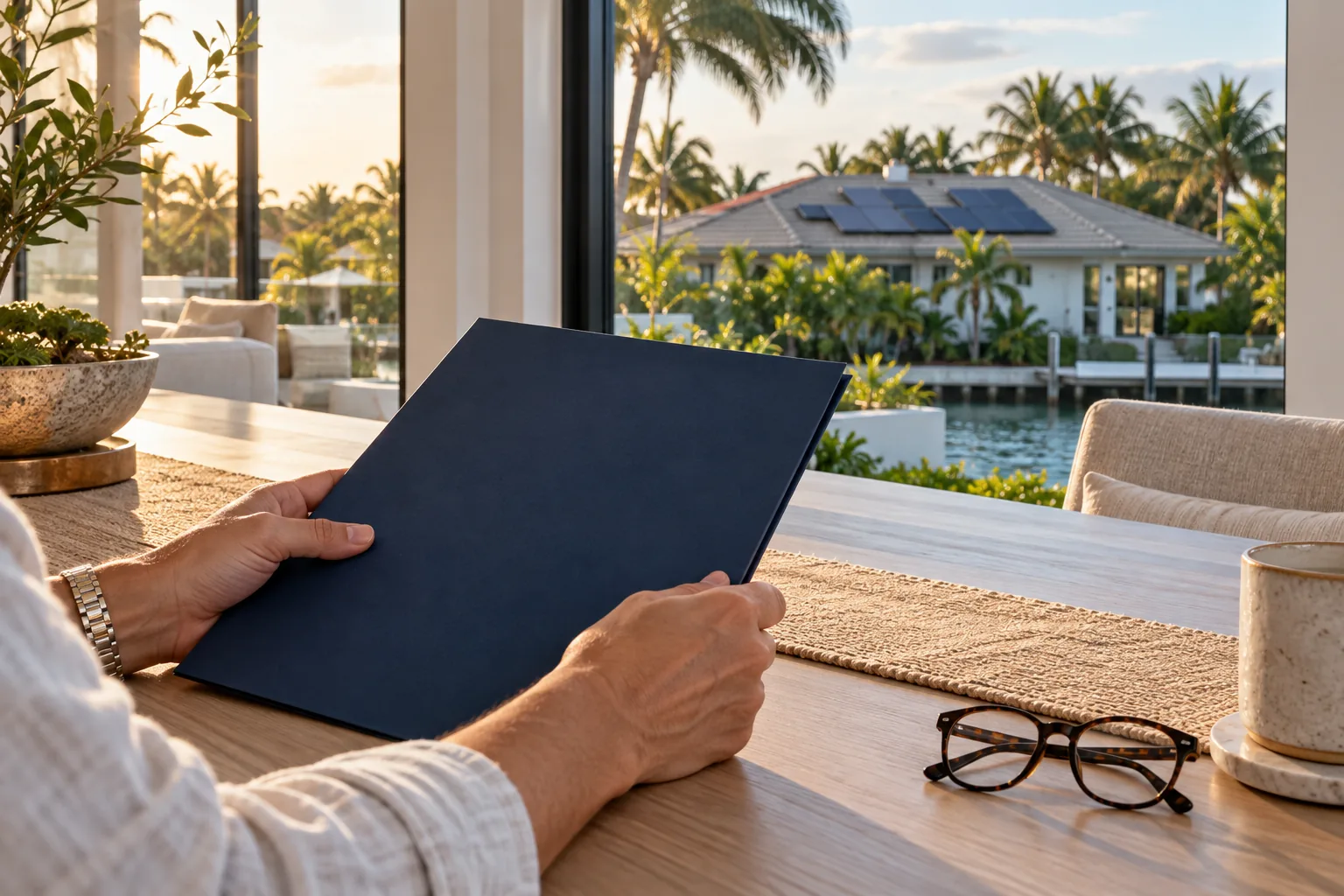 Illustration of a homeowner reviewing a folder with rooftop solar panels visible outside.