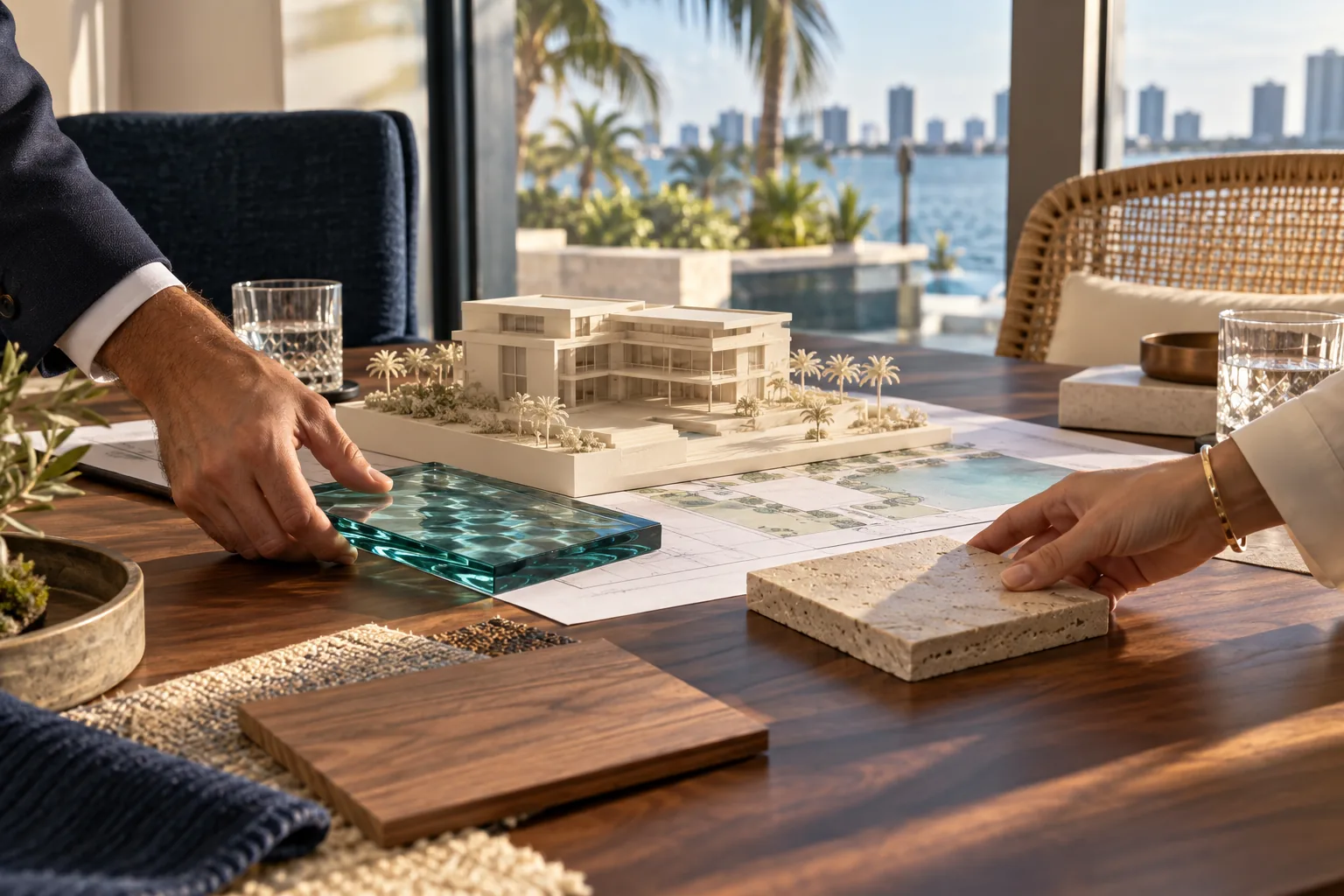 Illustration of partners reviewing material samples and a property concept model.
