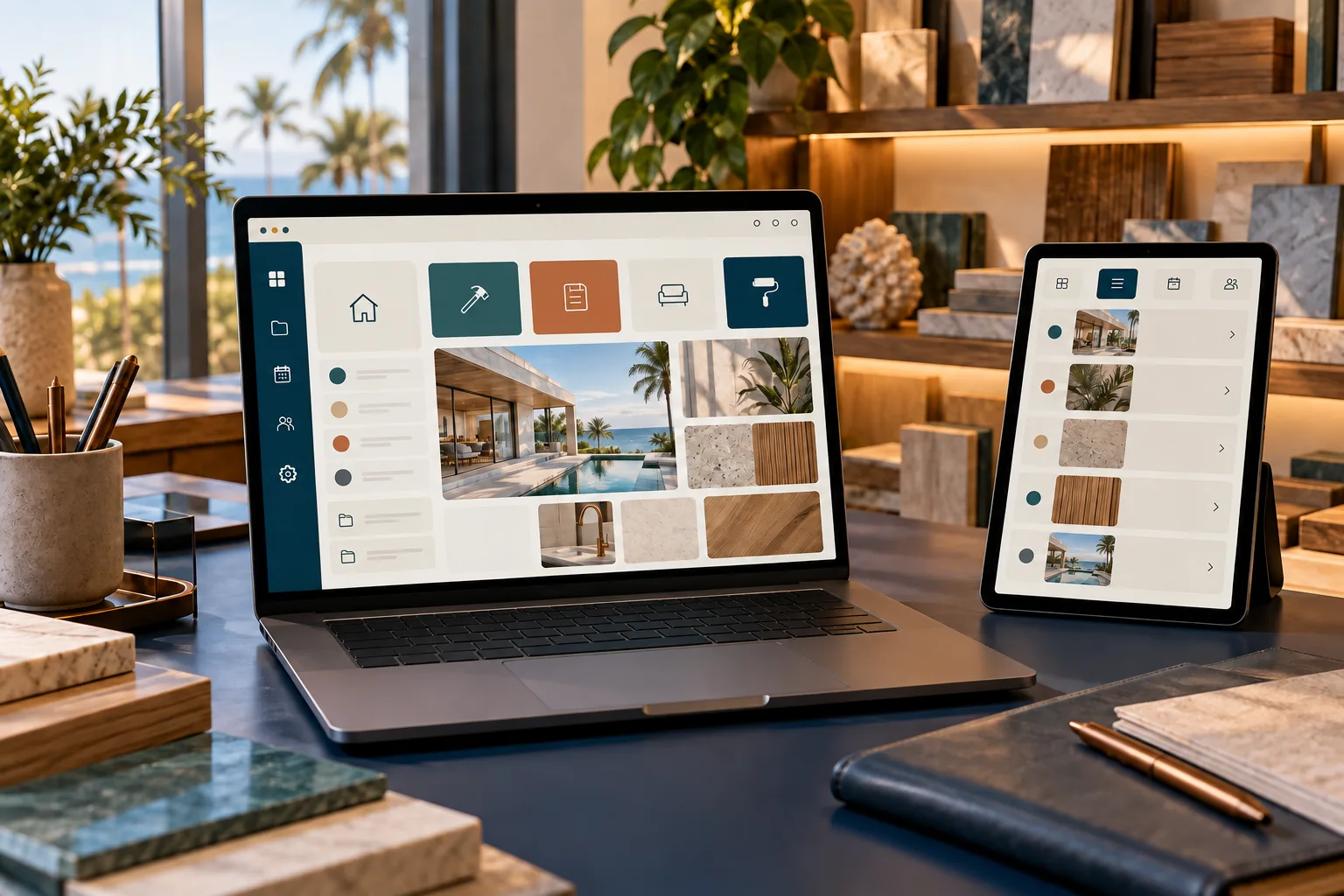 Illustrative contractor workflow interface on a laptop and tablet; not an actual product screenshot.