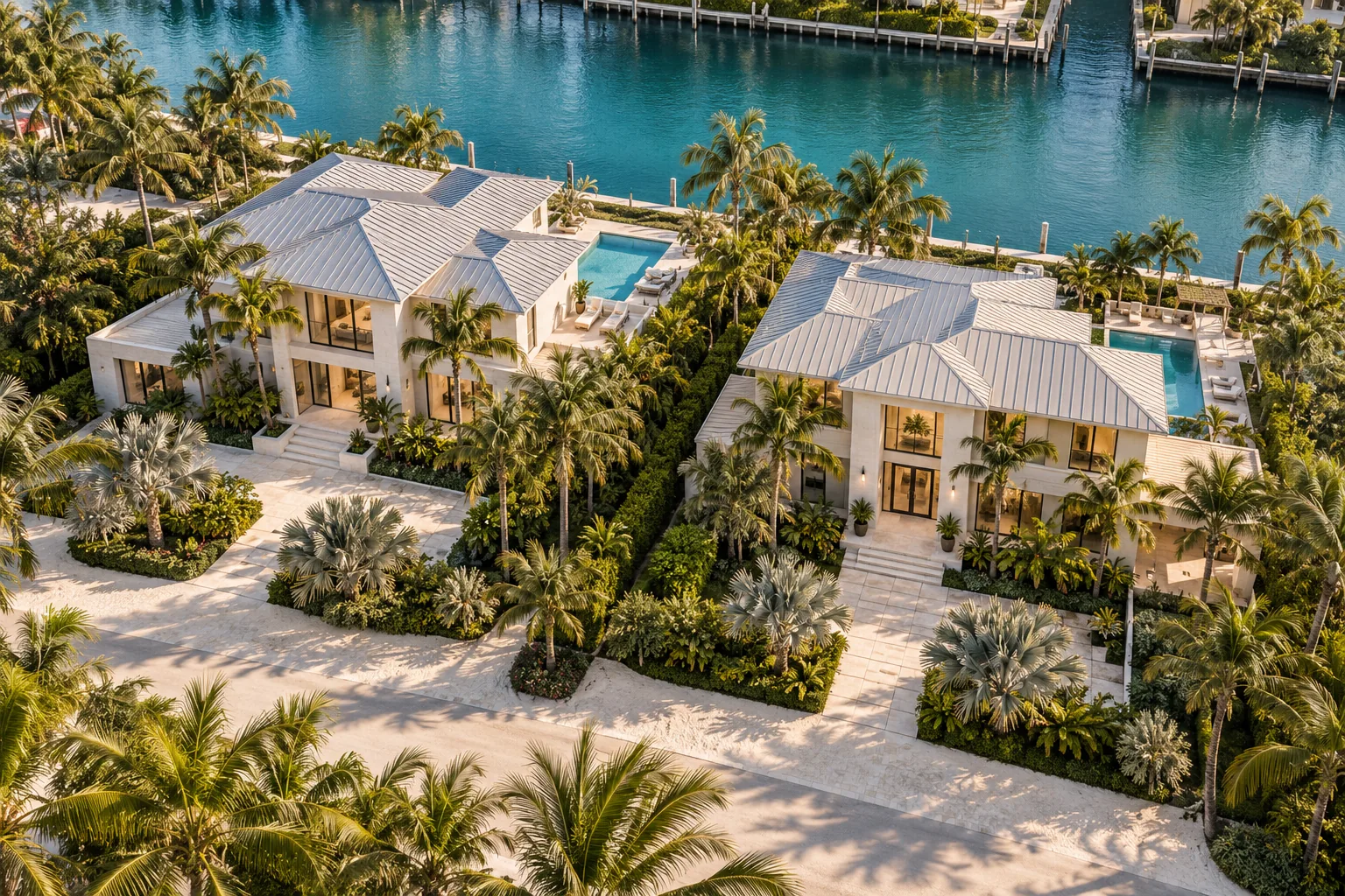 A concept illustration: an aerial view of two neighbouring coastal houses with metal roofs, palms and separate pools, on a canal lined with seawall