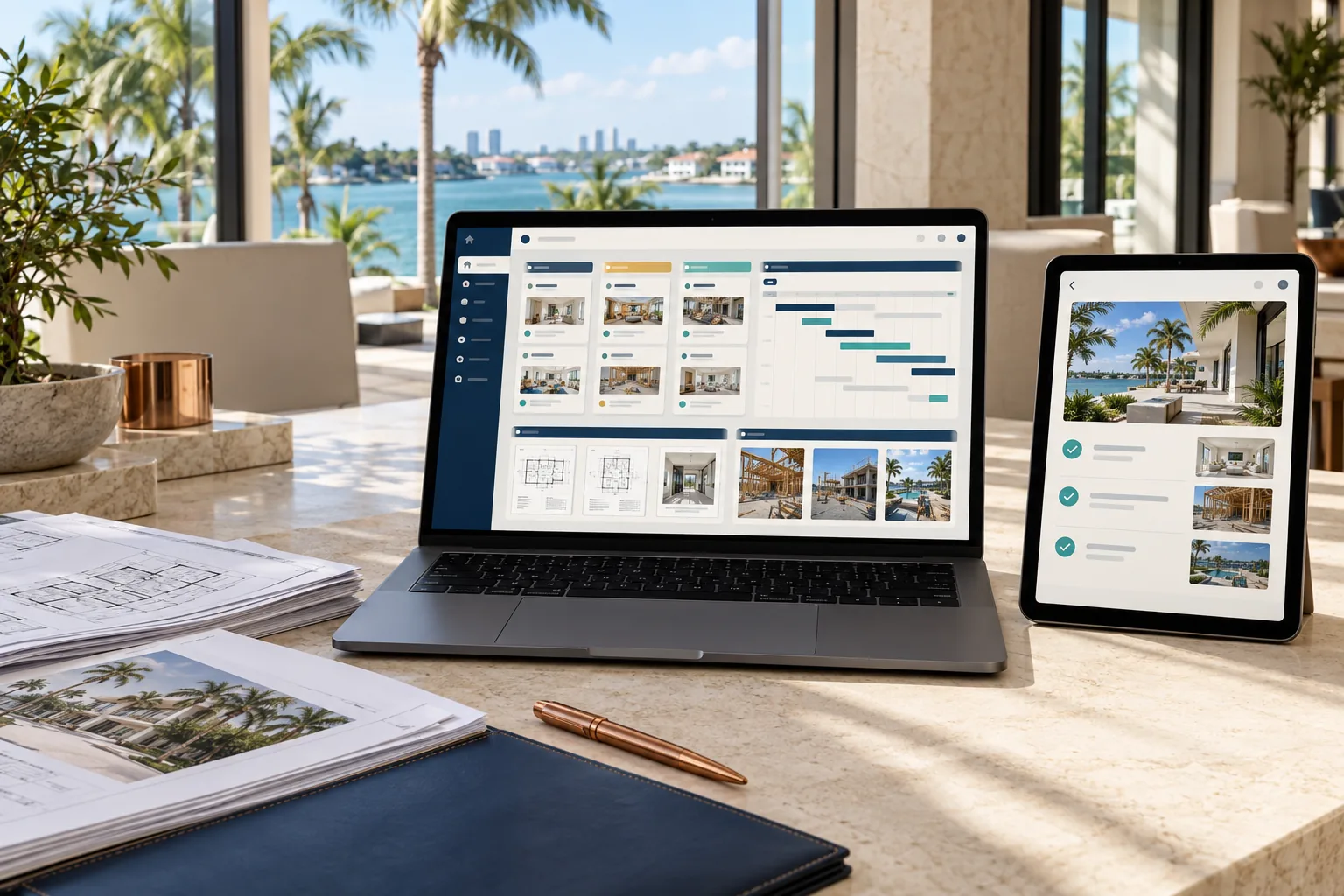A concept illustration: an unbranded laptop and tablet on a stone desk beside stacked drawings, their screens showing a generic project workspace of task cards, a schedule grid and document thumbnails