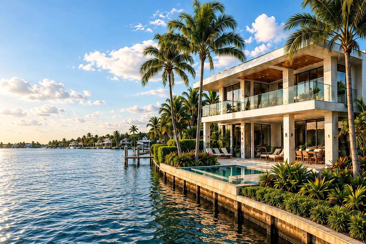 Illustrative South Florida waterfront home with palms and a pool