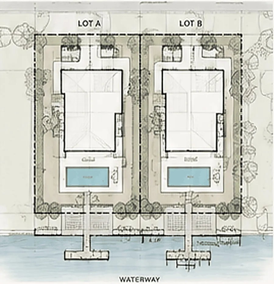 Site plan of two adjacent lots labelled Lot A and Lot B, each with a house footprint, pool, landscaping and a dock on the waterway