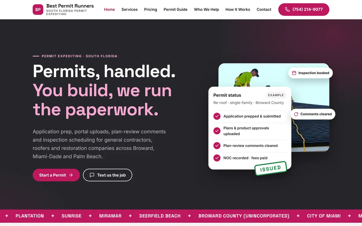Best Permit Runners home page with the headline “Permits, handled. You build, we run the paperwork.” and a sample permit-status card