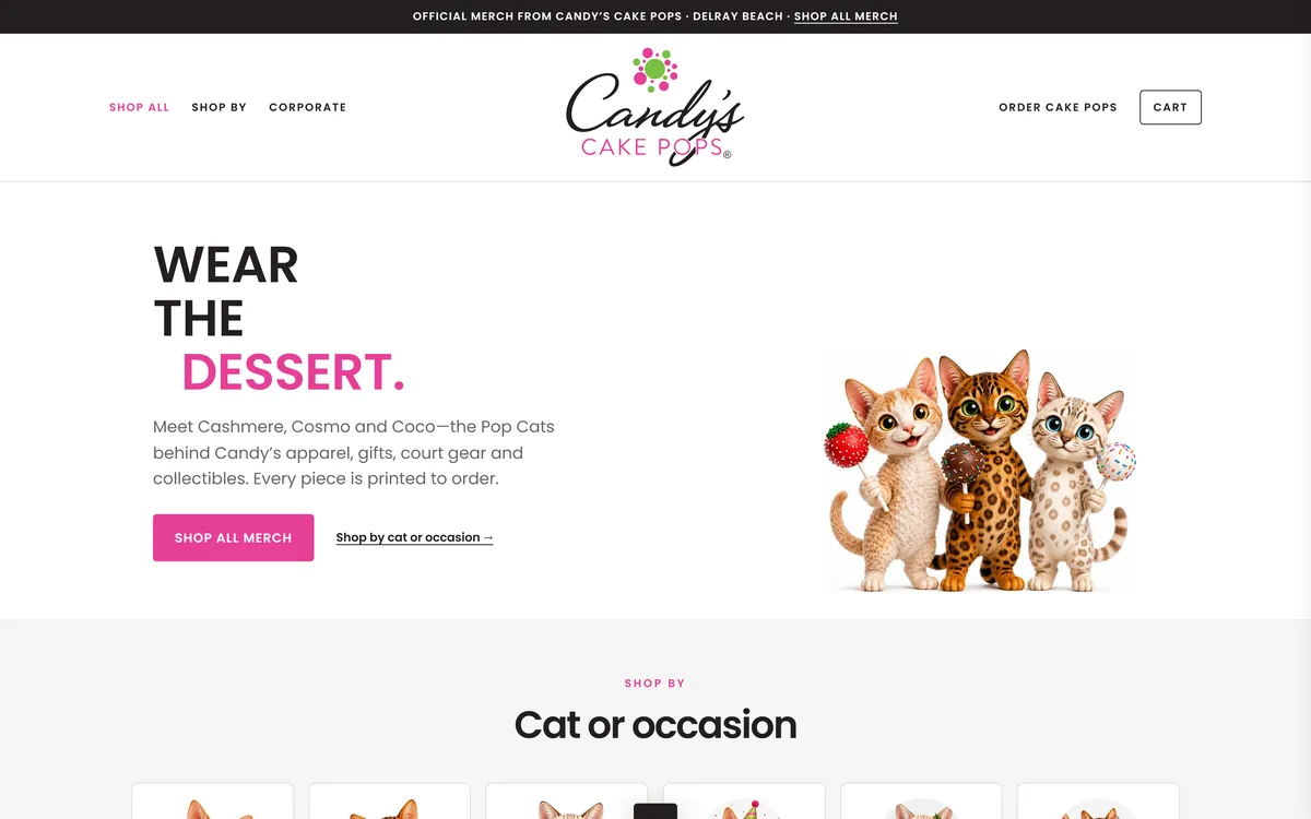 Candy’s Cake Pops merch store home page with the headline “Wear the dessert.” and three illustrated cats
