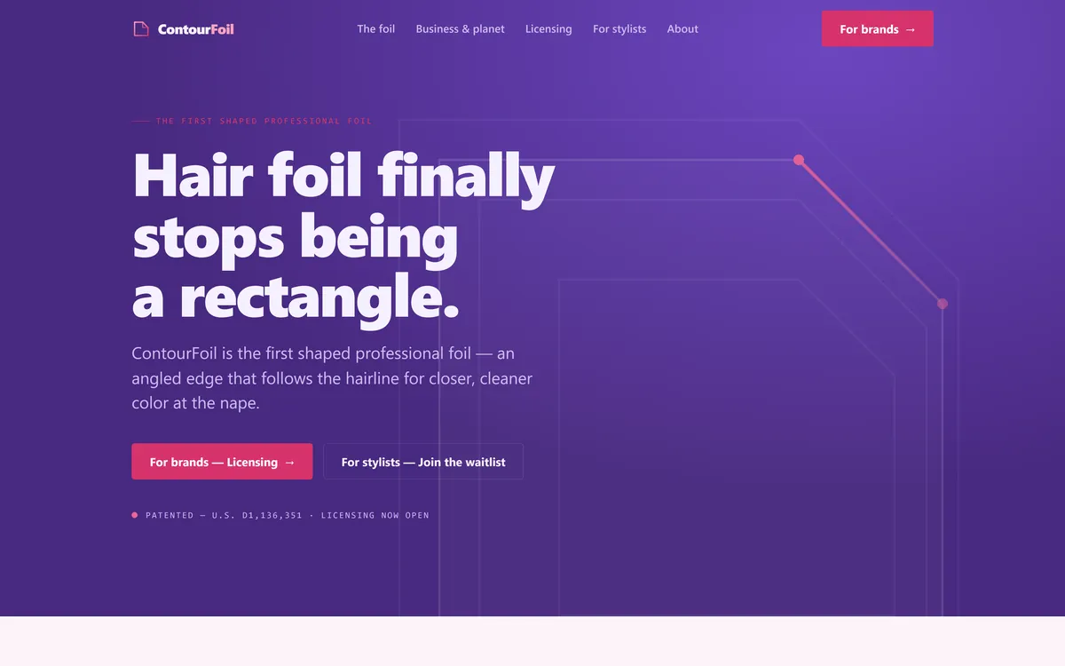 ContourFoil home page with the headline “Hair foil finally stops being a rectangle.”