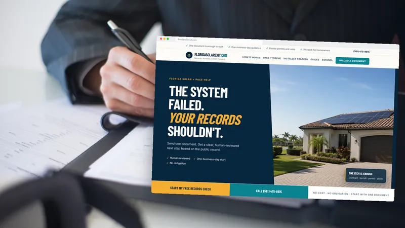 The Florida Solar Exit site shown in a browser window, over a photograph of someone signing a contract