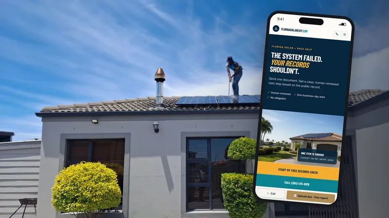 The Florida Solar Exit site shown on a phone, over a photograph of a worker on a tiled roof with solar panels