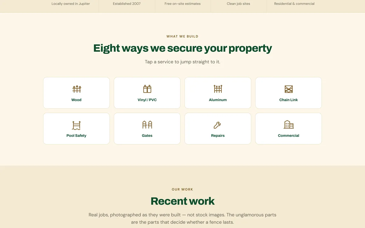 Gatekeeper Fence Co. home page section headed “Eight ways we secure your property”, with icon tiles for wood, vinyl, aluminum, chain link, pool safety, gates, repairs and commercial fencing
