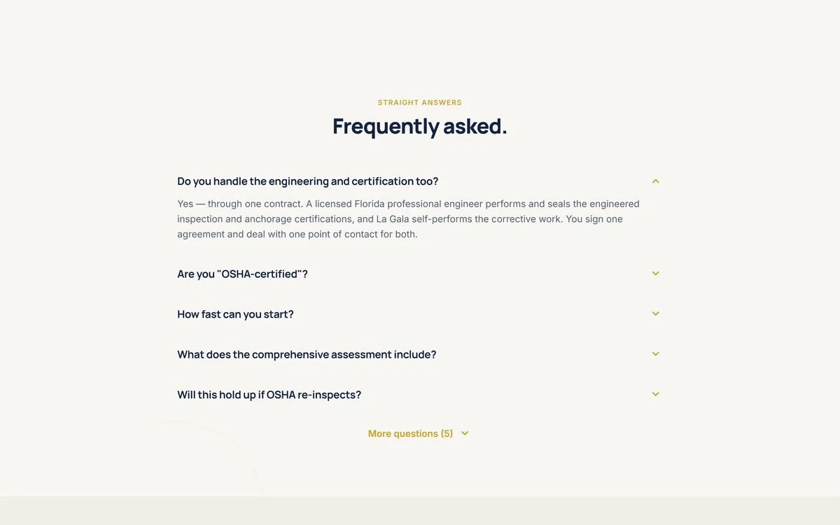 Roof Anchor Cert home page FAQ section headed “Frequently asked.”, with the first answer open: a licensed Florida professional engineer seals the inspections and La Gala performs the corrective work